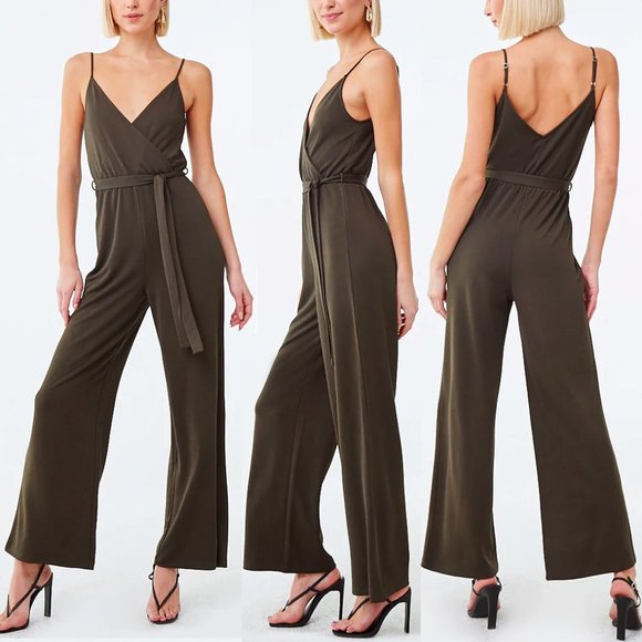 Haute Monde Dresses & Skirts - Olive Green Surplice V Neck Wide Leg Belt Jumpsuit